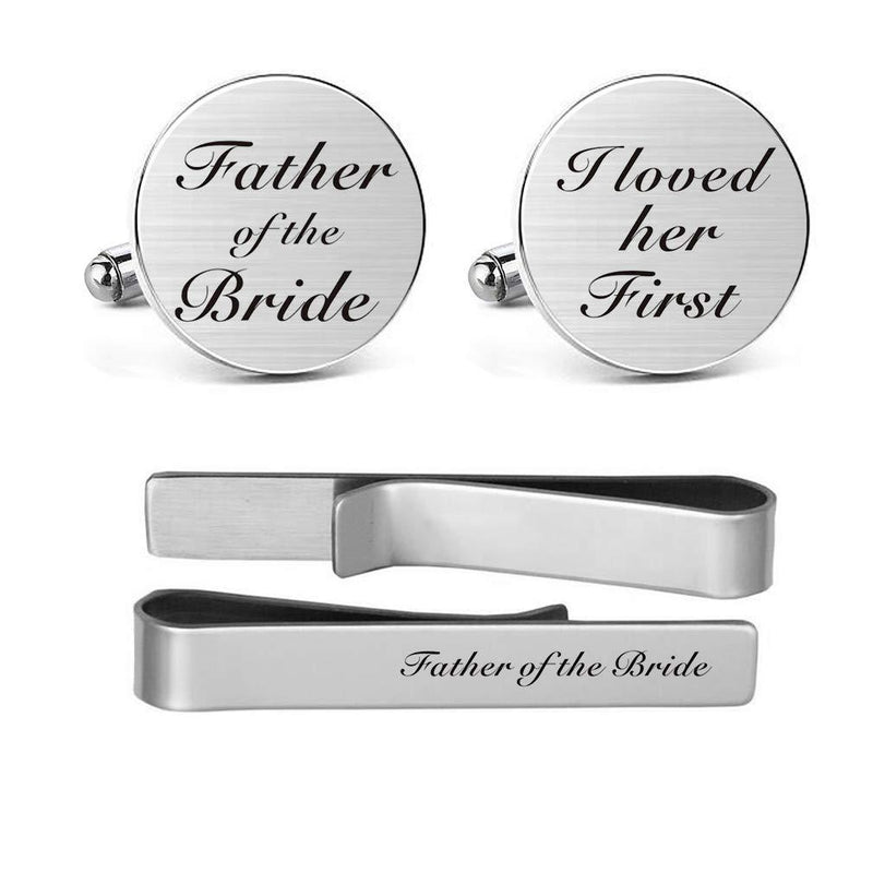 [Australia] - MUEEU Father of The Bride Cufflinks I Loved Her First Cuff Links Engraved Anniversary Wedding Party Cufflinks & Tie Clip Bar Tacks Round I Loved her First Cufflinks set 