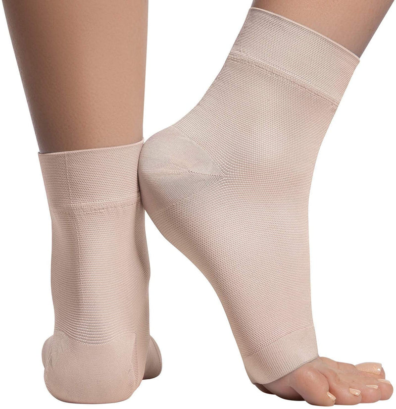 [Australia] - Ankle Compression Sleeve - 20-30mmhg Open Toe Сompression Socks for Swelling, Plantar Fasciitis, Sprain, Neuropathy - Nano Brace for Women and Men Beige Medium 
