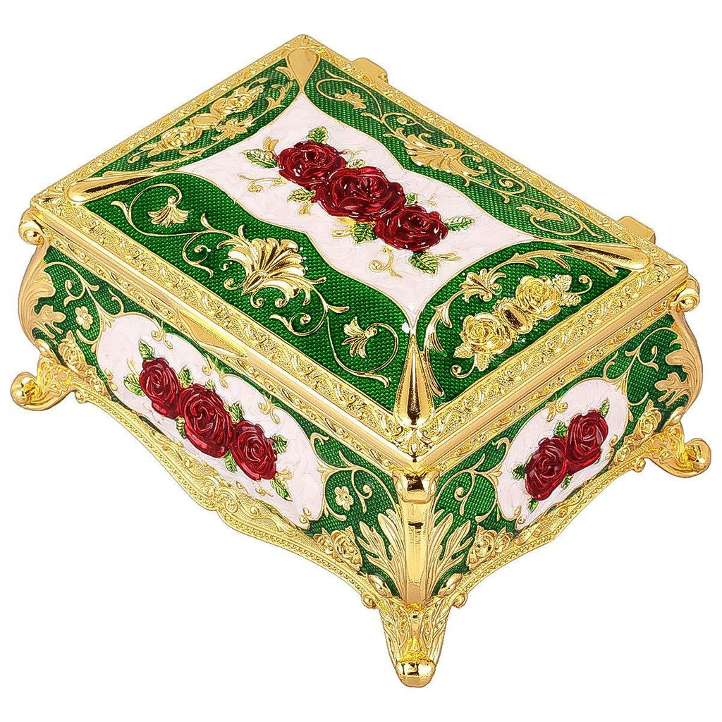 [Australia] - Nupuyai Luxury Vintage Rectangle Enameled Decorative Metal Jewelry Trinket Box for Women, Green Box with Red Rose Green/Red 