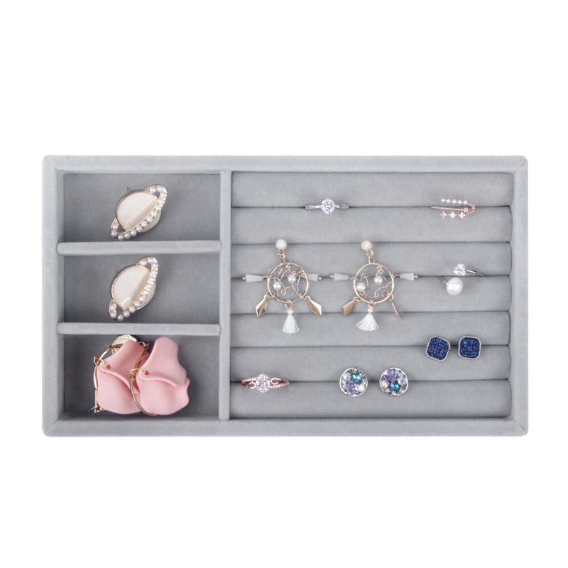 [Australia] - DesignSter Velvet Jewelry Tray - Small Gray 6 Slot Ring Storage with 3 Trinket Grid Organizer/Stackable Earring Display Showcase for Dresser, Drawer, Bedroom 