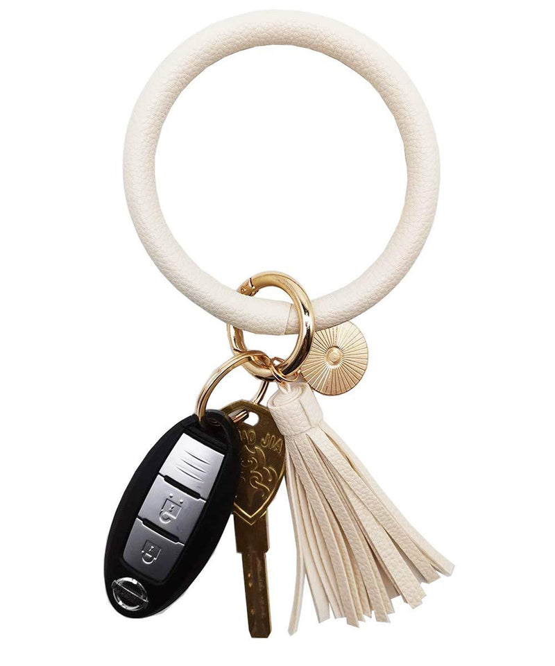 [Australia] - Weixiltc Large Circle Key Ring Leather Tassel Bracelet Holder Keychain Keyring For Women Girl Beige 