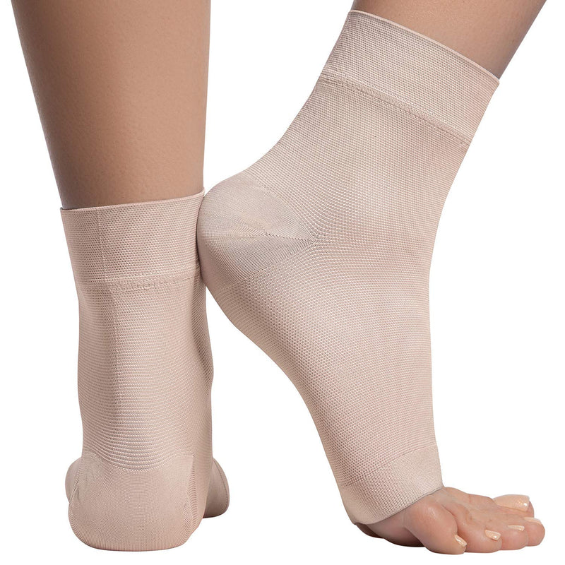 [Australia] - Ankle Compression Sleeve - 20-30mmhg Open Toe Сompression Socks for Swelling, Plantar Fasciitis, Sprain, Neuropathy - Nano Brace for Women and Men Beige Large 