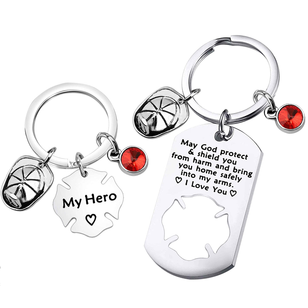 [Australia] - FUSTMW Firefighter Gift Keychain Necklace Matching Set Fireman Jewelry Gift for Firefighter Wife, Girlfriend, Mom, Daughter May God Protect You from Harm Firefighter keychain set 