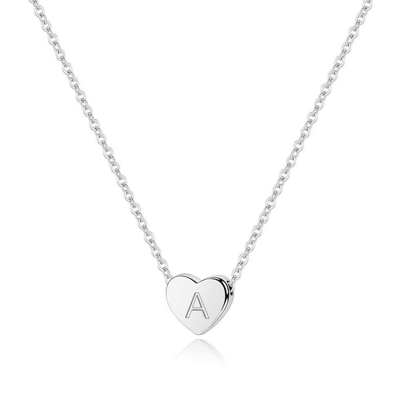 [Australia] - S925 Sterling Silver Heart Initial Necklace - White Gold 14K Gold Plated Silver Heart Initial Necklace for Women Girls Kids, Dainty Letter Tiny Alphabet Initial Necklace for Women Teens Girls Child A-Silver 