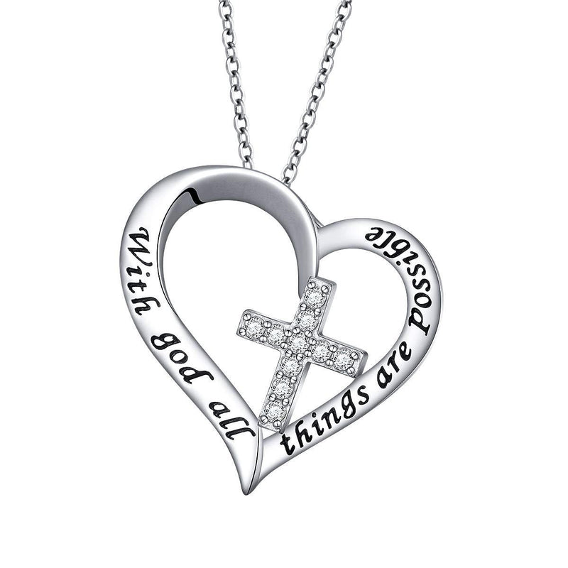 [Australia] - Sterling Silver Christian Heart Inspirational Faith Verse Pendant Necklace for Women Teen Girl Gift with god all things are possible 