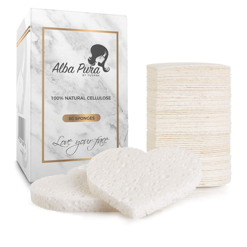 [Australia] - Compressed Facial Sponges for Sensitive Skin Natural Cellulose Sponge for Face Cleansing Exfoliating and makeup removal, Professional use Deep clean and hypoallergenic 80 count - Alba Pura by Fushay 