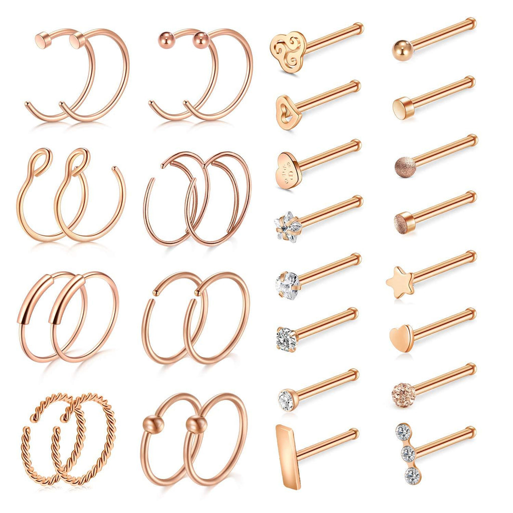 [Australia] - D.Bella Surgical Stainless Steel 20G 8mm Nose Rings Hoop L Shaped Bone Screw Nose Rings Studs 32pcs Nose Piercing Jewelry Set Bone (rose gold) 