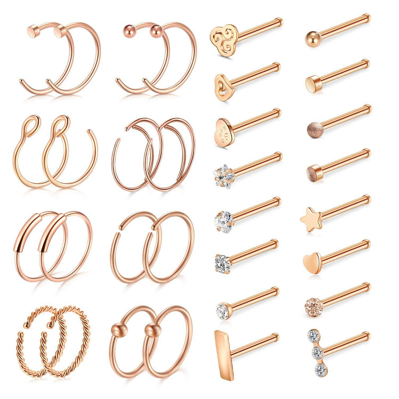 [Australia] - D.Bella Surgical Stainless Steel 20G 8mm Nose Rings Hoop L Shaped Bone Screw Nose Rings Studs 32pcs Nose Piercing Jewelry Set Bone (rose gold) 