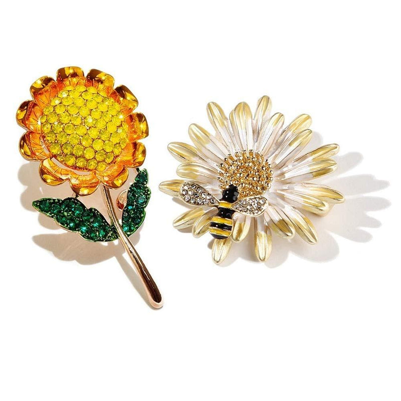[Australia] - 2pcs Bee Daisy Sunflower Brooches Enamel Crystal Flower Delicated Brooch Pin For Women Girls Jewelry 