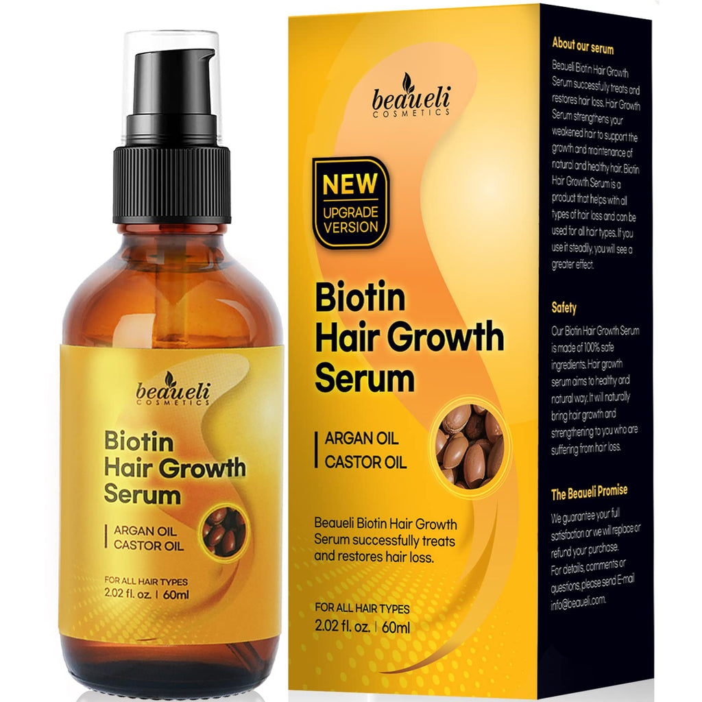 [Australia] - Biotin Hair Growth Serum with Castor Oil, Argan Oil - Hair Loss Prevention Treatment with fine thinning hair Formula to Help Grow Healthy Thicker Strong Hair for Men & Women By Beaueli 