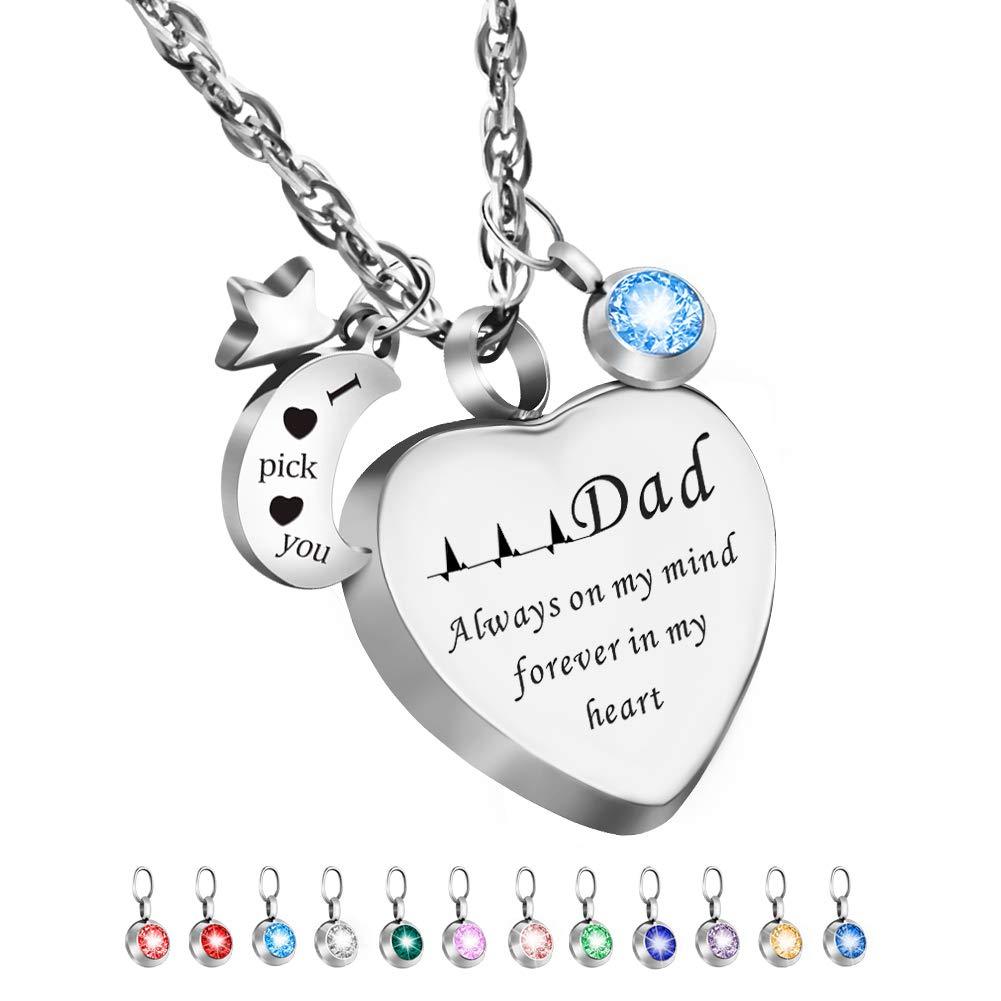 [Australia] - Dletay Cremation Urn Necklace with 12 Birthstones Heart Memorial Keepsakes Pendant Ashes Jewelry-Dad Always on My Mind, Forever in My Heart My Dad 