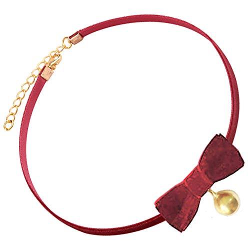 [Australia] - AnVei-Nao Vintage Lolita Cosplay Gothic Black Velvet Bow Bell Choker Necklace Wine Red Gold 