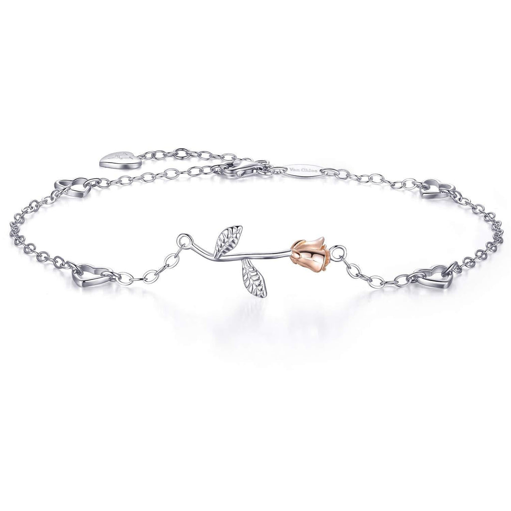 [Australia] - Van Chloe Women 925 Sterling Silver Love Rose Flower Anklet White Gold Plated CZ Diamond Ankle Bracelet for Women Girls 