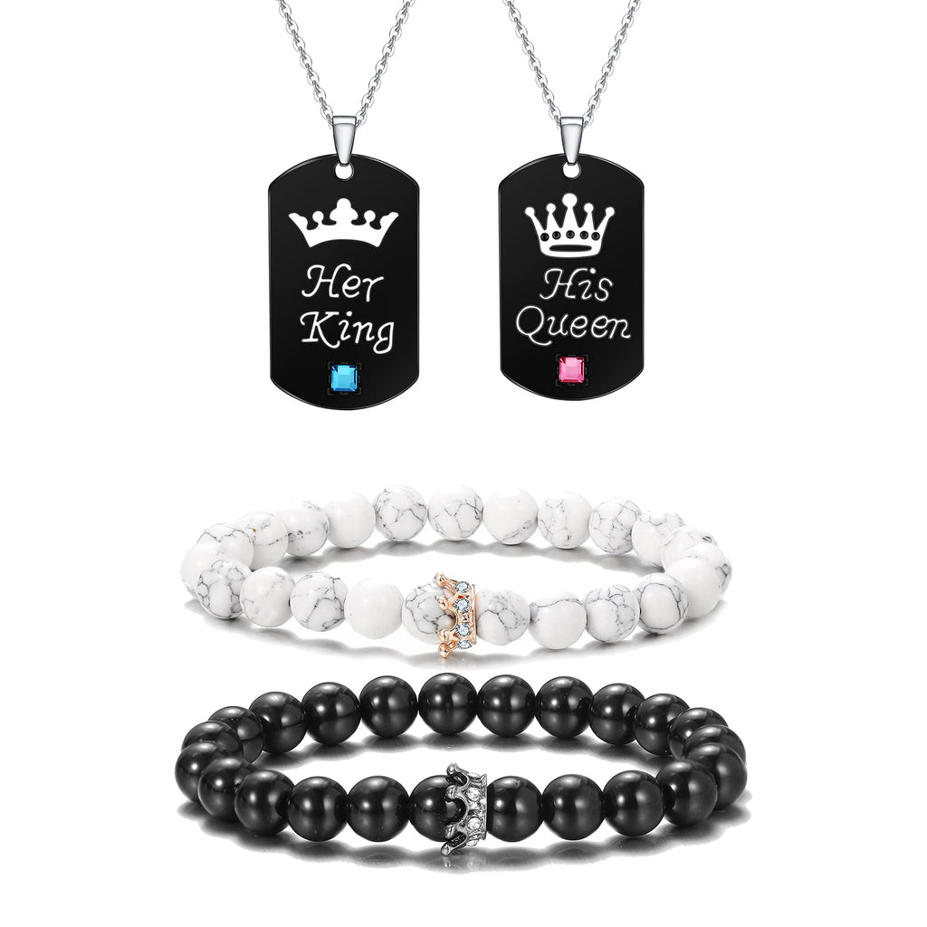 [Australia] - 4Pcs Couple Necklace Bracelet Set I Love Necklace Love Heart Crown Necklace BFF Bracelet Couple Gift for Her Style A（His Qunne &Her King) 