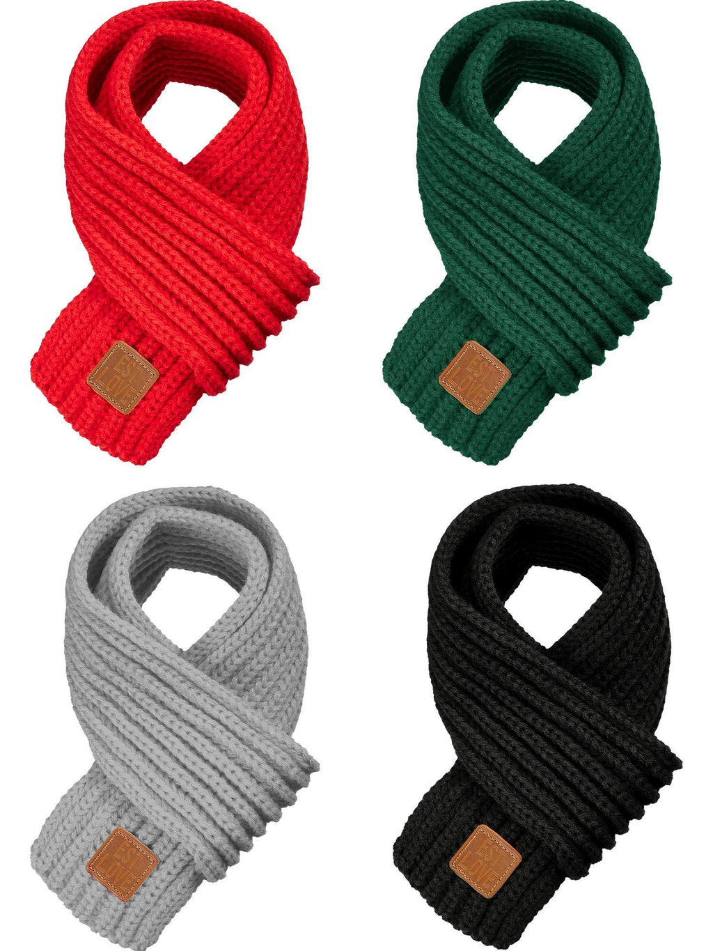 [Australia] - 4 Pieces Kids Knitted Scarf Winter Solid Color Toddler Warmer Scarf for Boy Girl Red, Green, Black, Light Gray 
