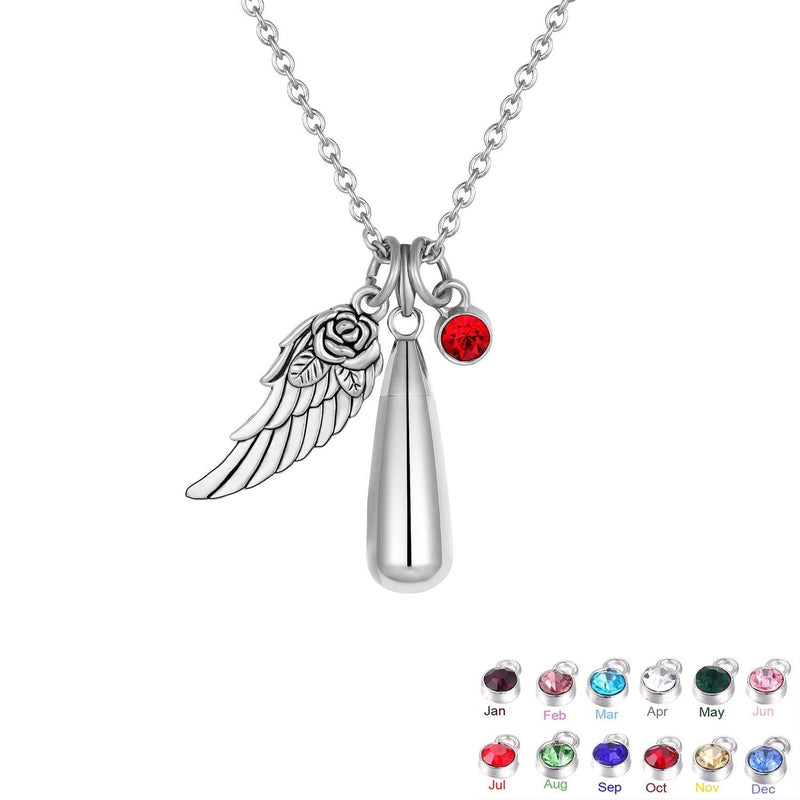 [Australia] - Angel Wing+12 Birthstones+Teardrop Heart Pendant Keepsake Ashes Urn Pendant Necklace,Cremation Jewelry for Pet/Human（Silver) 