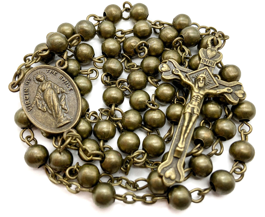 [Australia] - Nazareth Store Metal Beads Combat Rosary Necklace St Therese Virgin Of The Smile Medal with Crucifix Vintage Design - Velvet Bag 