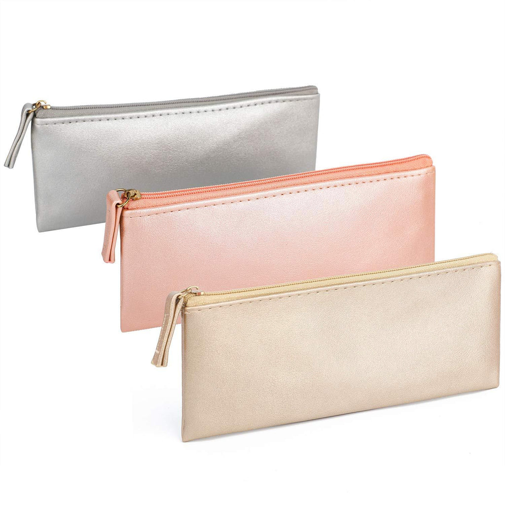 [Australia] - SumDirect 3Pcs Small Makeup Bags Purse, PU Leather Zip Travel Cosmetic Pouch, Simple Pencil Organizer(Pink+Gold+Silver) Pink+Gold+Silver 