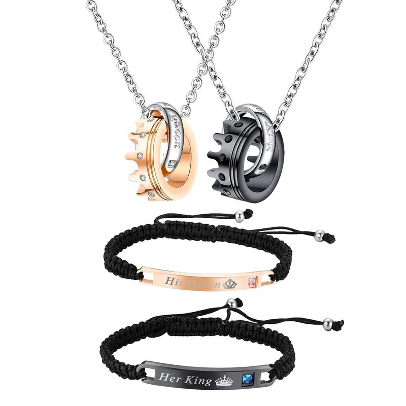 [Australia] - Couples Jewelry Sets-Hand Braided His Queen and Her King Bracelets, Crown Ring Matching Necklaces, for Chirstmas,Valentines Day Gift,with Gift Box 