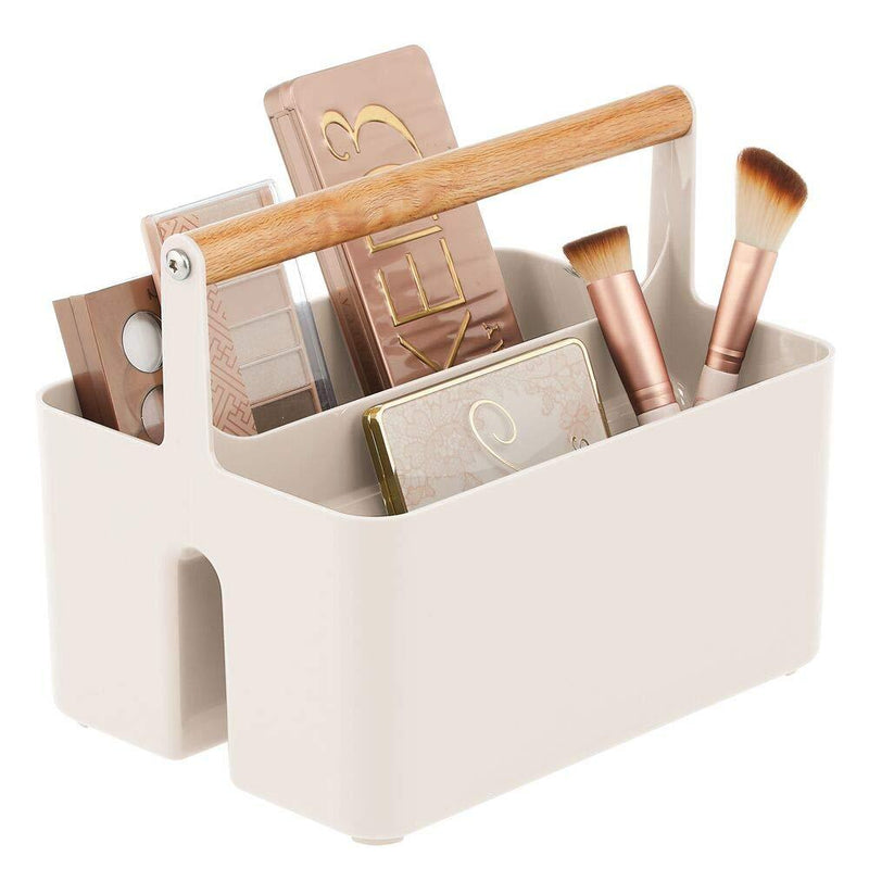 [Australia] - mDesign Plastic Makeup Storage Organizer Caddy Tote - Divided Basket Bin with Wood Handle for Eyeshadow Palettes, Nail Polish, Makeup Brushes, Lipstick, Cosmetic - Cream Cream/Natural 