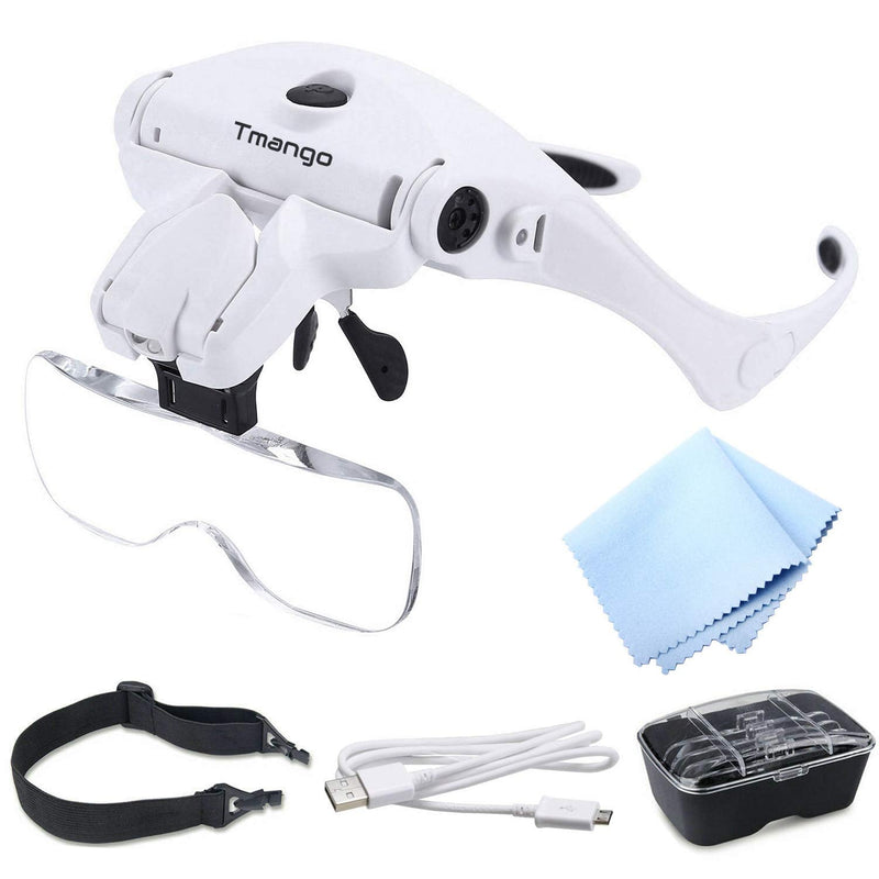 [Australia] - TMANGO Head Mount Magnifier with LED Lights, Rechargeable Headset Magnifying Glasses for Close Up Work, Interchangeable Bracket and Headband for Watch Repair, Jewelry, Arts & Crafts or Reading Aid 