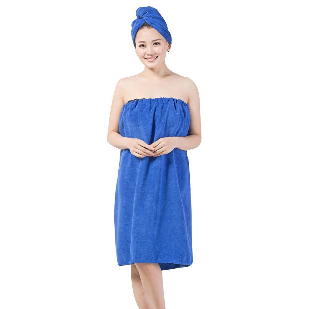 [Australia] - Queena Women Microfiber Bath Towel Wrap & Hair Turban Adjustable Spa Shower Cover Up Sapphire Blue 