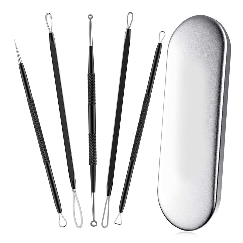 [Australia] - Blackhead remover,Acne treatment,Pimple Popper,Face Skin Care Kit,Professional Comedone Blemish, Zit, Whitehead Scar Extractor, 5 Piece Surgical Grade Stainless Steel Tools & Travel Case (black) black 