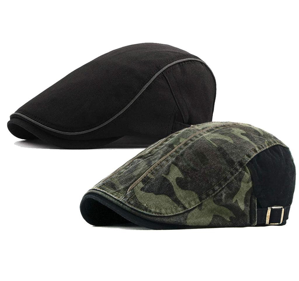[Australia] - DOCILA 2 Pack Camo Newsboy Cap for Men Cozy Cotton Flat Ivy Gatsbay Hat Breathable Mesh Outdoor Cabbie Beret Hat B-blackgreen 