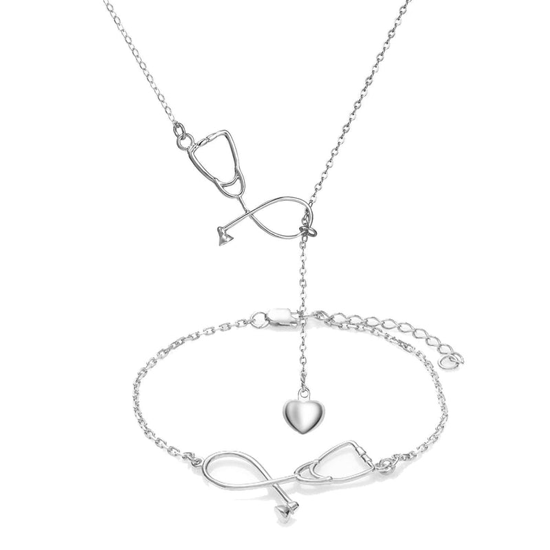 [Australia] - YANCHUN Stethoscope Necklace & Bracelet for Women Nurse Necklace Gift for Doctor Bracelet for Medical Student A:Silver Nurse Gift Set 