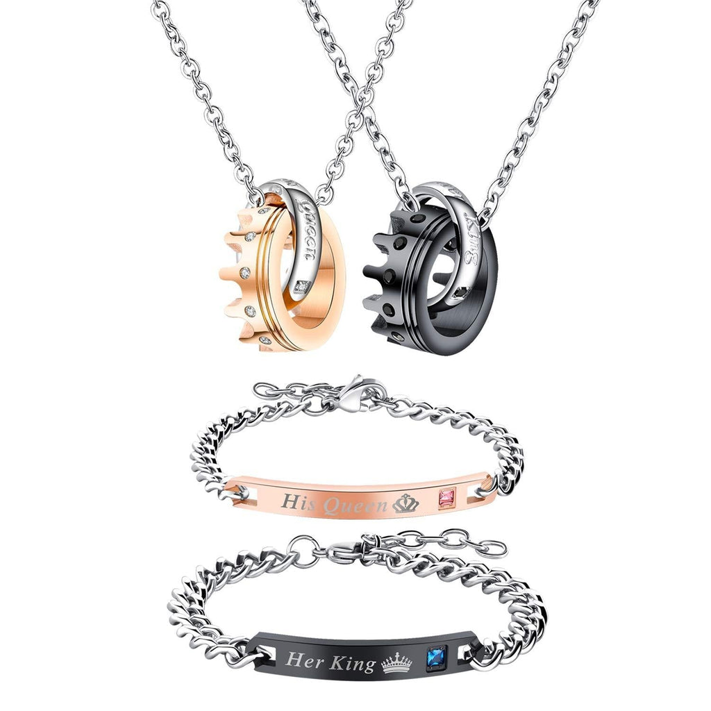 [Australia] - Stainless Steel His Queen and Her King Matching Couples Jewelry Sets,Crown Bracelets,Necklace for Chirstmas,Valentines Day Gift,with Gift Box 