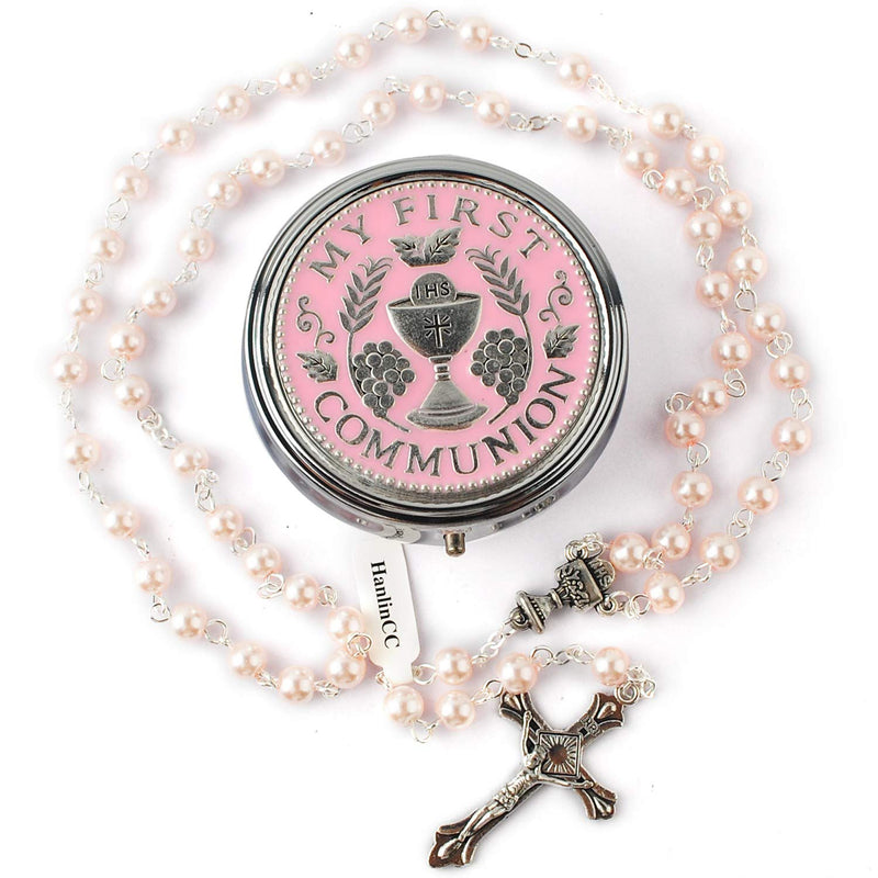 [Australia] - HanlinCC 6mm Glass Pearl Prayer Beads First Communion Rosary with Chalice Center Piece and Crucifix in Anti-Silver Plated for Girl Pack in Holy Cup Metal Gift Box Pink 