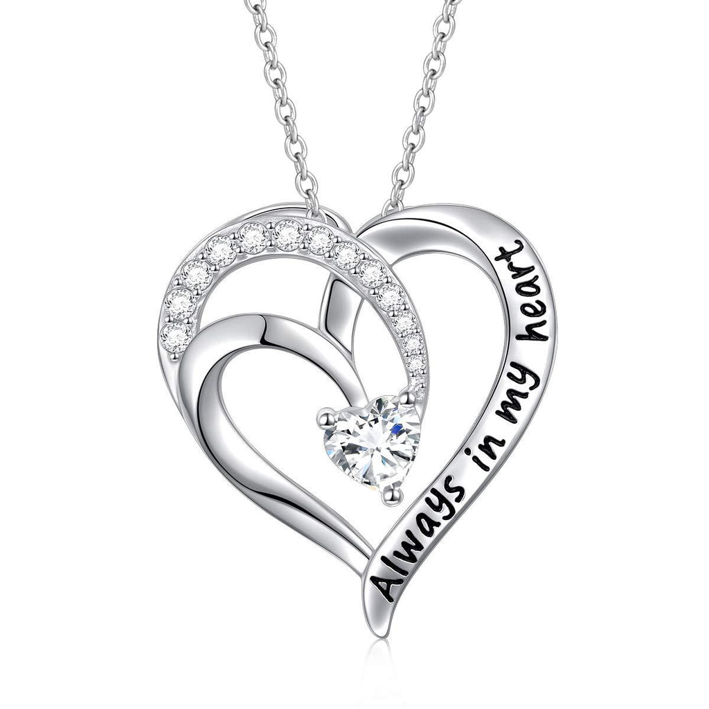 [Australia] - 925 Sterling Silver Jewelry Engraved Cubic Zirconia Pendant Necklace for Women Girls Mom Wife Birthday Gift Love Heart Necklaces always in my heart 