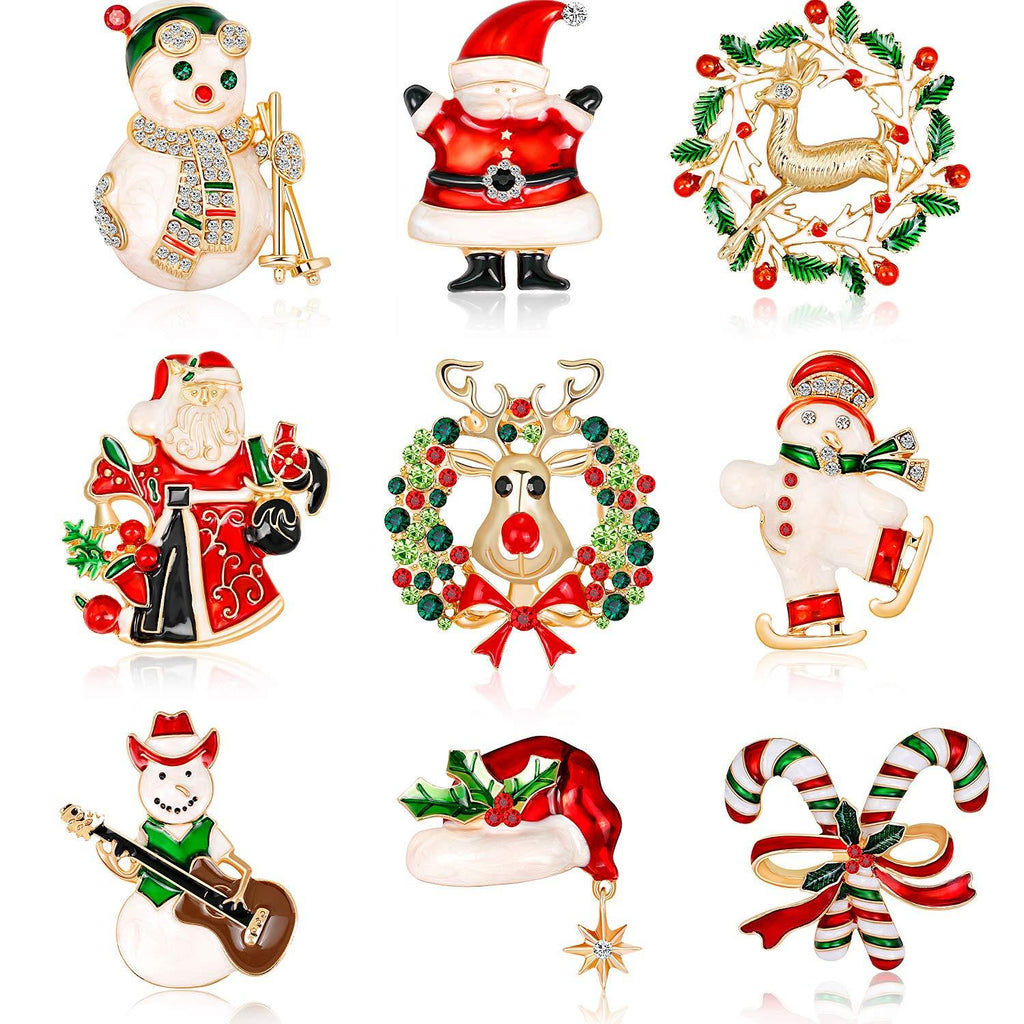 [Australia] - 9 Pieces Enamel Christmas Brooch Pins Jewelry for Woman Kids Holiday Xmas Gift Party Multiple Styles 