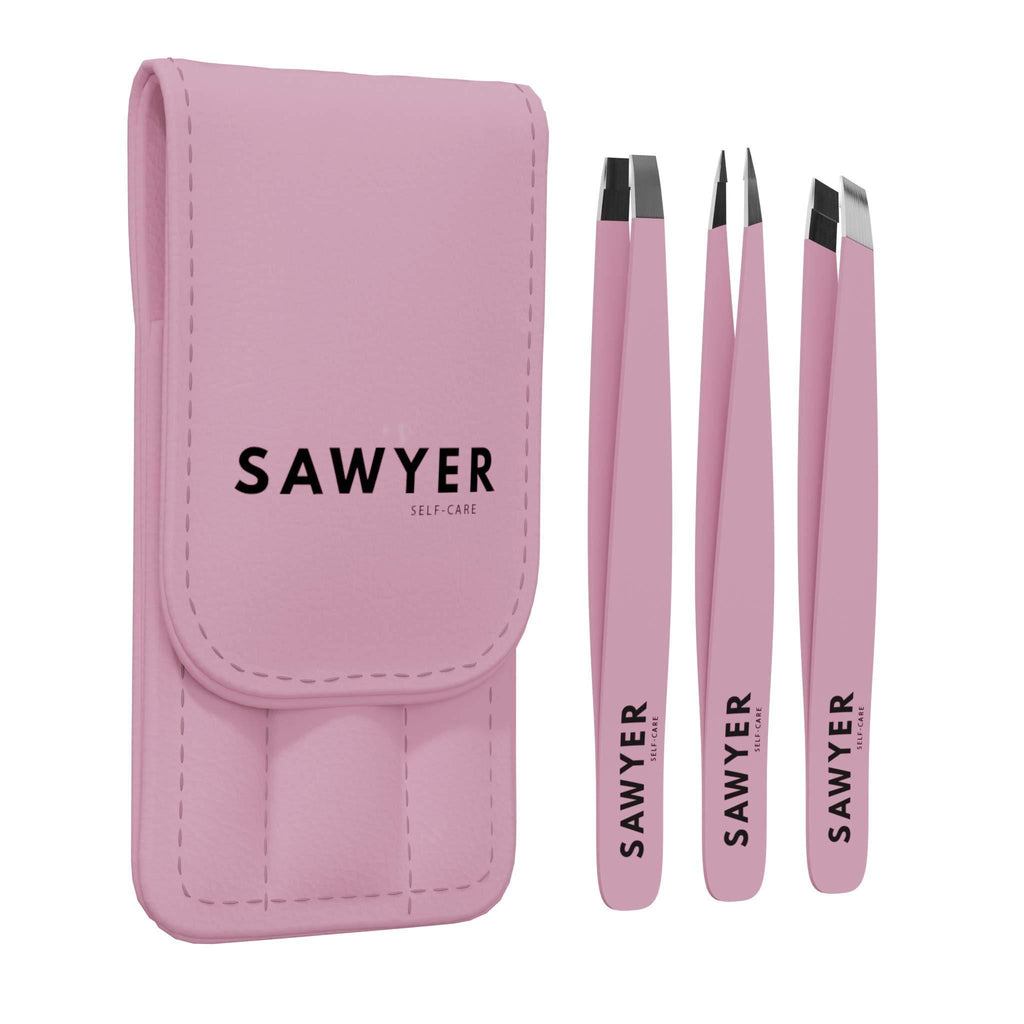 [Australia] - Tweezers for Women - 3-Piece Pink Stainless Steel Precision Eyebrow Tweezer Set With Leather Case - 4.75” T x 2.25” W - Slant, Flat, and Pointed Tips - 100% Quality Guarantee - By Sawyer Self-Care 