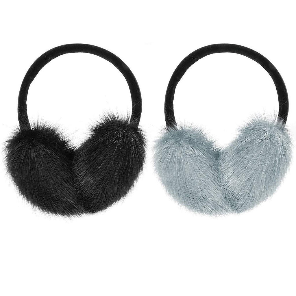 [Australia] - MADHOLLY 2 Pack Faux Fur Earmuffs- Big Winter Outdoor Soft Warm Thick Faux Fur Ear Warmers for Womens Men, Black&Grey 