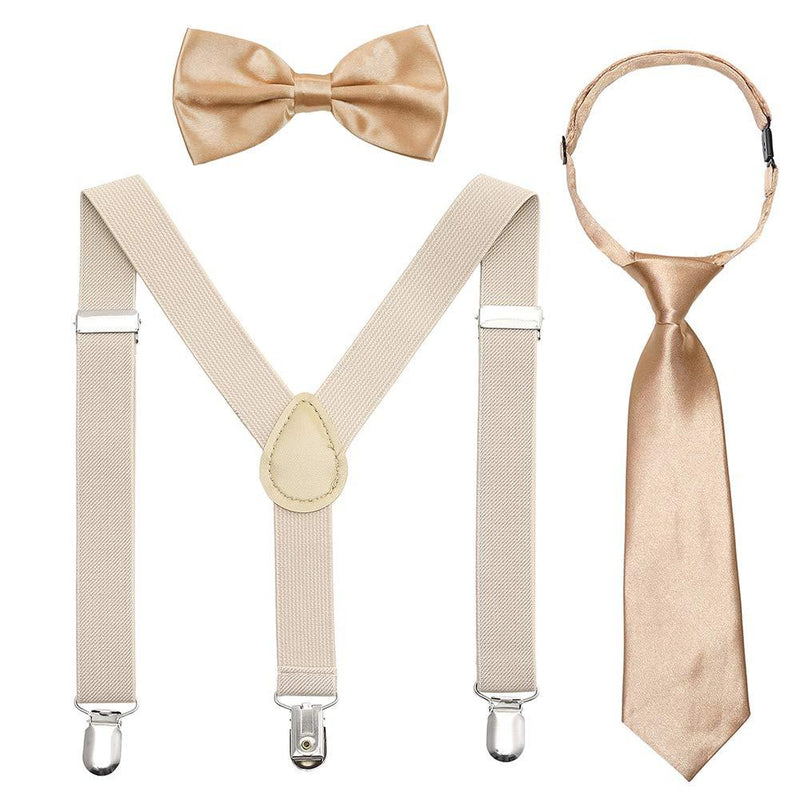 [Australia] - Kids Suspender Bowtie Necktie Sets - Adjustable Elastic Classic Accessory Sets for 6 Months to 13 Year Old Boys & Girls Khaki + Champagne 26 Inches (Fit 6 Months to 6Years) 