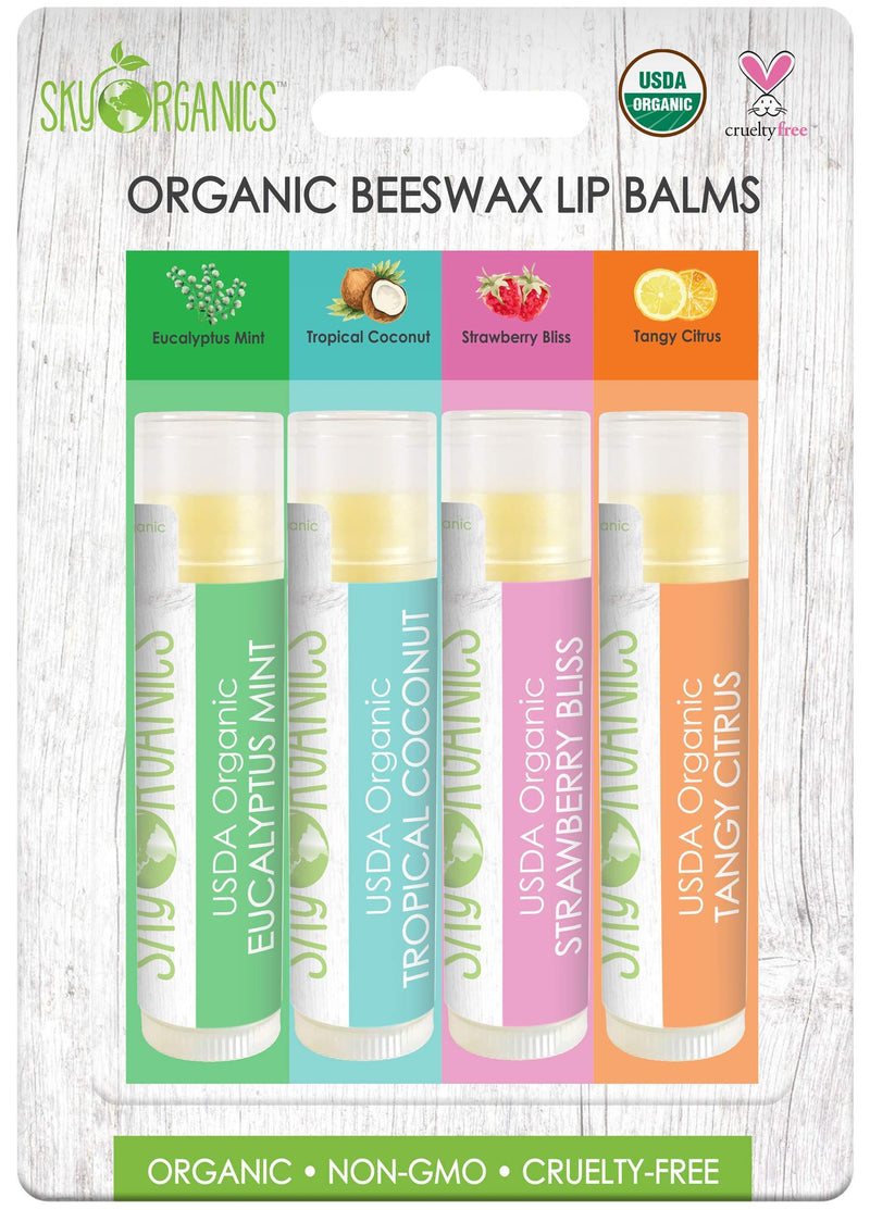 [Australia] - USDA Organic Flavored Beeswax Lip Balms (4 Tubes) Eucalyptus Mint, Tropical Coconut, Strawberry, Tangy Citrus – Beeswax Coconut Oil Vitamin E Lip Butter Chapstick for Dry Lips - For Adults & Kids 4 Lip Balms 