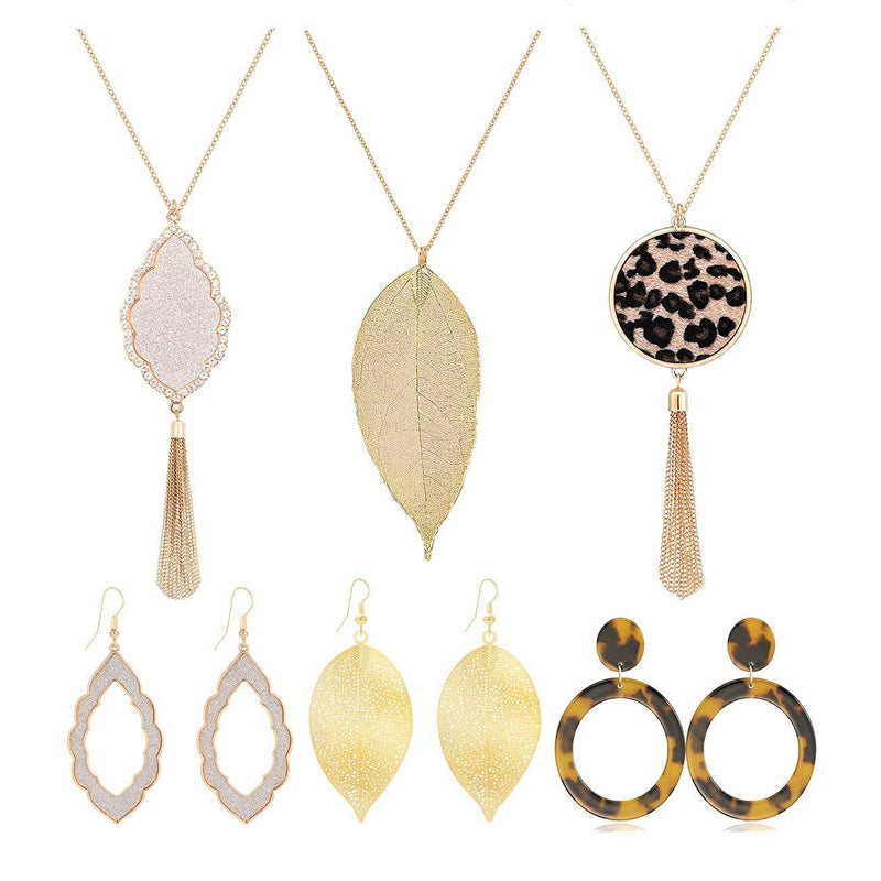 [Australia] - Leopard Print Long Pendant Necklace Dangle Drop Earrings Set for Women Girls Leaf Tassel Necklace Tortoise Shell Acrylic Resin Earrings 6 PCS 