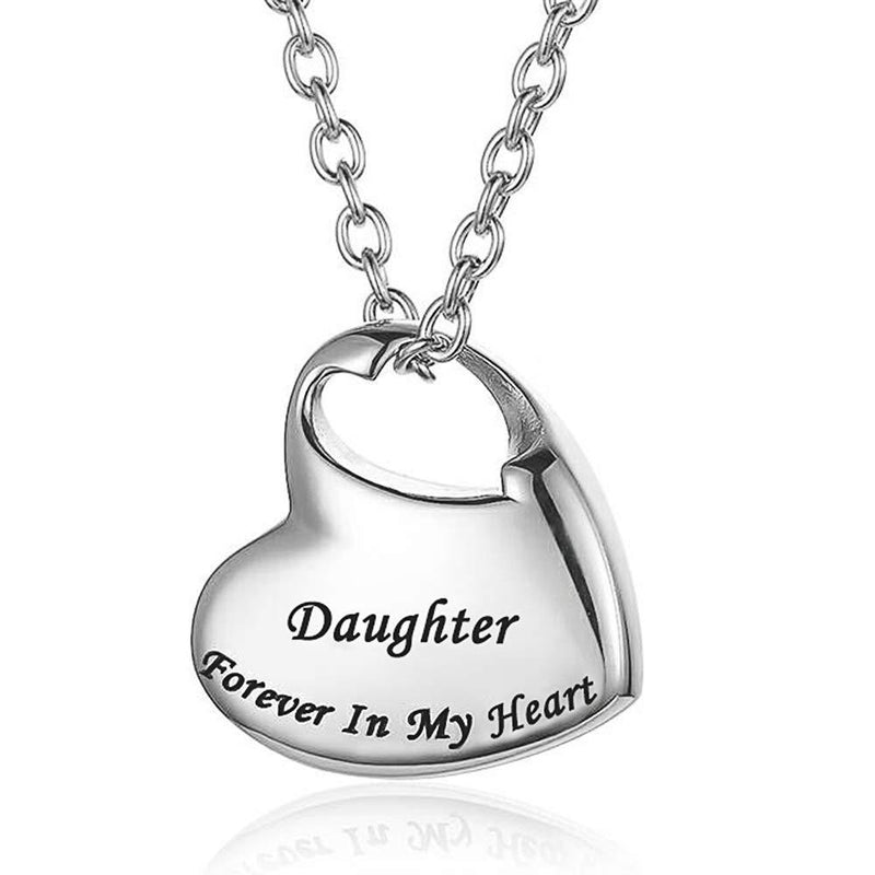 [Australia] - GISUNYE Cremation Urn Necklace for Ashes Urn Jewelry,Forever in My Heart Carved Locket Stainless Steel Keepsake Waterproof Memorial Pendant for mom & dad with Filling Kit (Daughter)… 