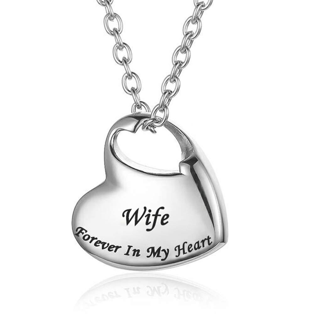 [Australia] - GISUNYE Cremation Urn Necklace for Ashes Urn Jewelry,Forever in My Heart Carved Locket Stainless Steel Keepsake Waterproof Memorial Pendant for mom & dad with Filling Kit (Wife)… 