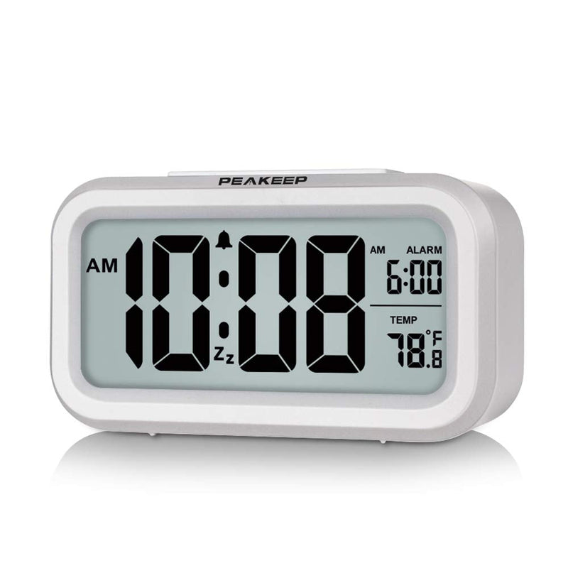 [Australia] - PEAKEEP Smart Night Light Digital Alarm Clock with Indoor Temperature, Battery Operated Desk Small Clock (White) White 