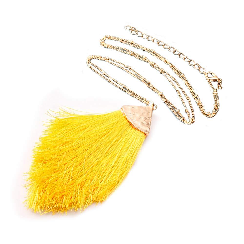 [Australia] - Bohemian Statement Tassel Long Chain Necklace Strand Fringe Fan Shape Pendant Antique Boho Vintage Silky Thread Gold Feather Lightweight Long Chain for Women and Girls Charm Jewelry yellow 