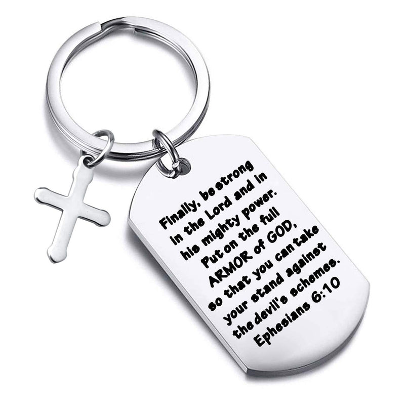 [Australia] - FUSTMW Christian Keychain Bible Verse Gifts Armor of God Cross Charm Ephesians 6:10 Religious Jewelry Confirmation Gifts silver 