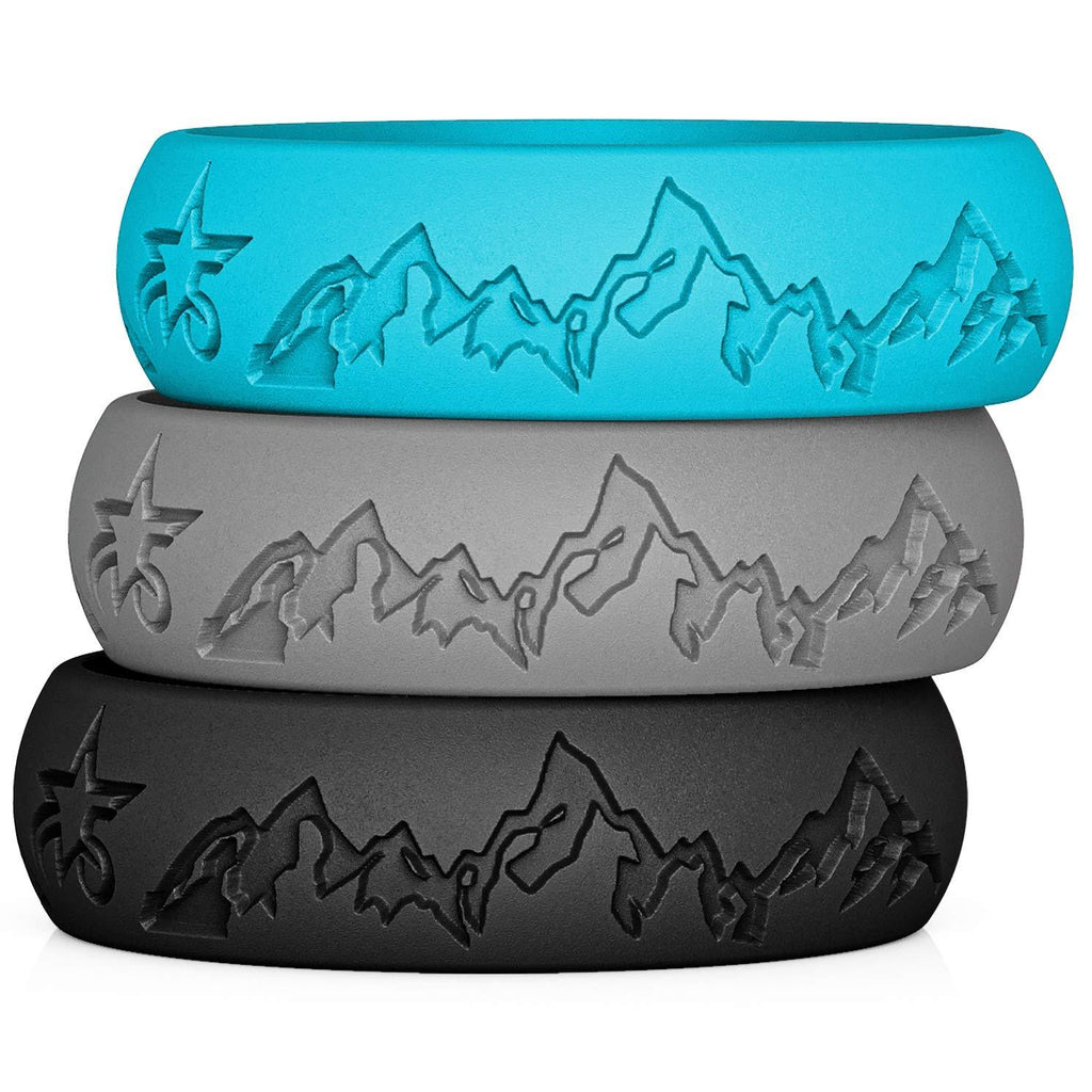 [Australia] - 5starzz Premium Quality Fashion Silicone Wedding Ring for Men and Women, Rubber Wedding Band, Practical and Beautiful Mountains Design Inspired by Nature, 8 or 6 mm Wide, Comes in a Gift Box 3 Set Black / Light Grey / Blue 4 