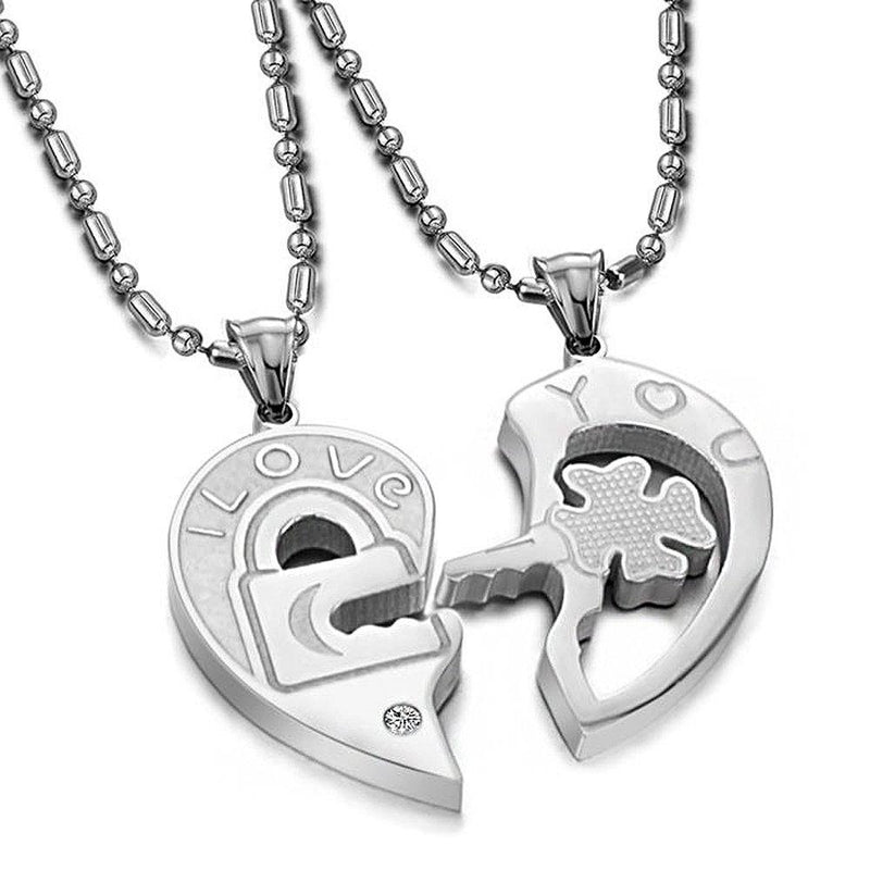 [Australia] - Stainless Steel His and Her Heart Lock Key Matching Puzzle Couples Pendant Necklace for Lovers Valentine's Day Engagement Gift A pair of silver & silver 