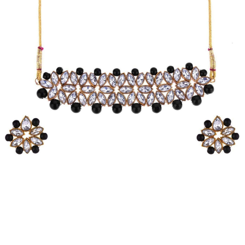 [Australia] - Efulgenz Crystal Kundan Pearl Rhinestone Indian Boho Floral Choker Neckalce Earrings Wedding Bridal Jewelry Set Black 