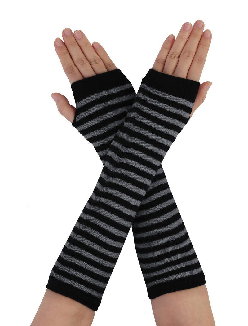 [Australia] - Allegra K Women Stripe Print Knitted Fingerless Thumb Hole Elbow Length Gloves Warmers Pair One Size Black-gray 