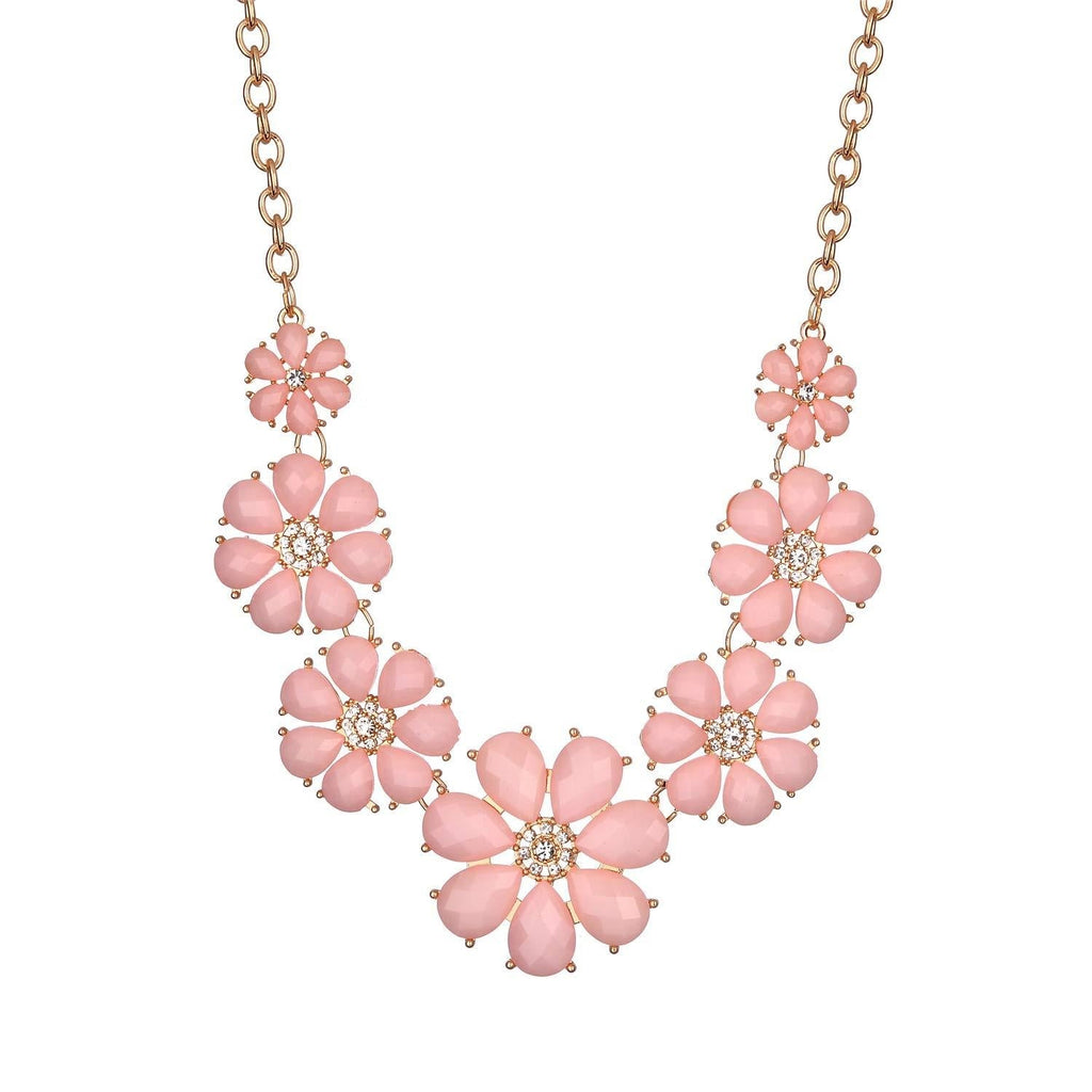 [Australia] - Lux Accessories Pave Flower Bib Statement Floral Chain Necklace Gold Baby Pink 