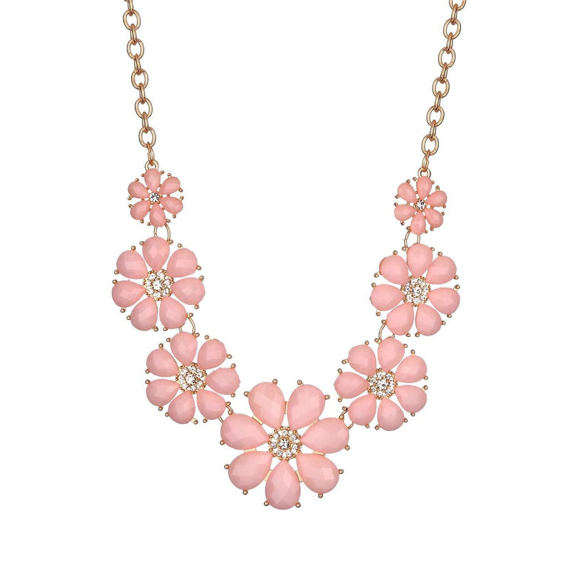 [Australia] - Lux Accessories Pave Flower Bib Statement Floral Chain Necklace Gold Baby Pink 