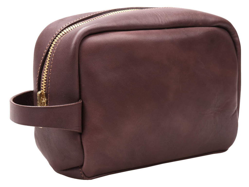 [Australia] - Genuine Leather Travel Toiletry Bag Shaving Dopp Kit Cosmetic Organizer Bag A005 (Brown) Brown 